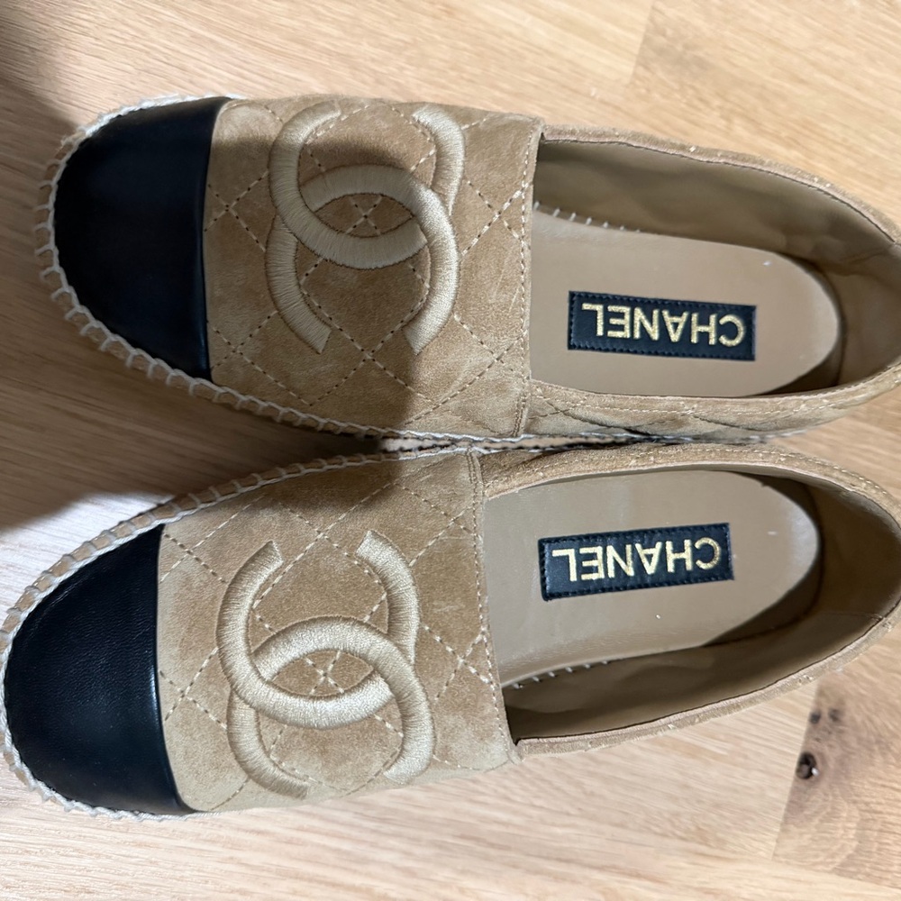 CHANEL Beige and Black Quilted Espadrilles